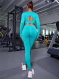 2Pcs Sports Suits Long Sleeve Hollow Design Tops and Butt Lifting High Waist Seamless Fitness Leggings Sports Gym Sportswear Outfits Clothing